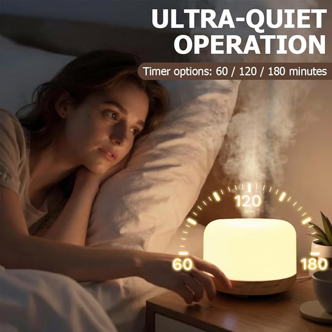 Essential Oil Diffuser 500ml,Aromatherapy Diffuser with 7 LED Lights,Quiet Air Humidifier 4-in-1 with Timer & Auto-Off,Compact Scent Diffuser for Bedroom,Yoga,SPA,Baby Room(Portable Model)