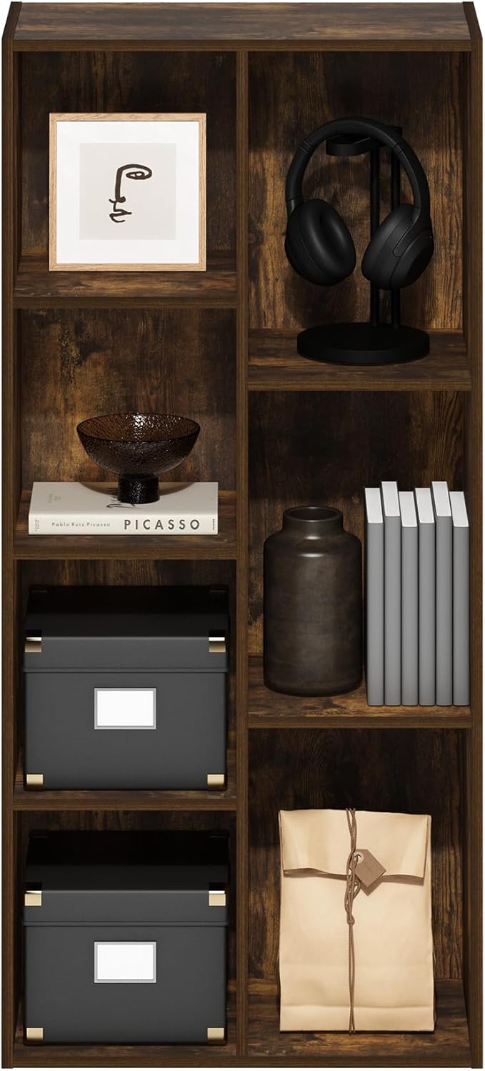 Furinno LUDER Book Shelf, 7-Cube Bookshelf, Bookcase, 9.4 x 19.5 x 41.7, for Living Room, Bedroom, Home Office, Amber Pine