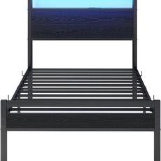 HOJINLINERO Twin Bed Frames with LED Light and Charging Station, Wood Storage Headboard with 2-Tier Shelves, Metal Platform Bed with Heavy Duty Slats Support, No Box Spring Needed, Black