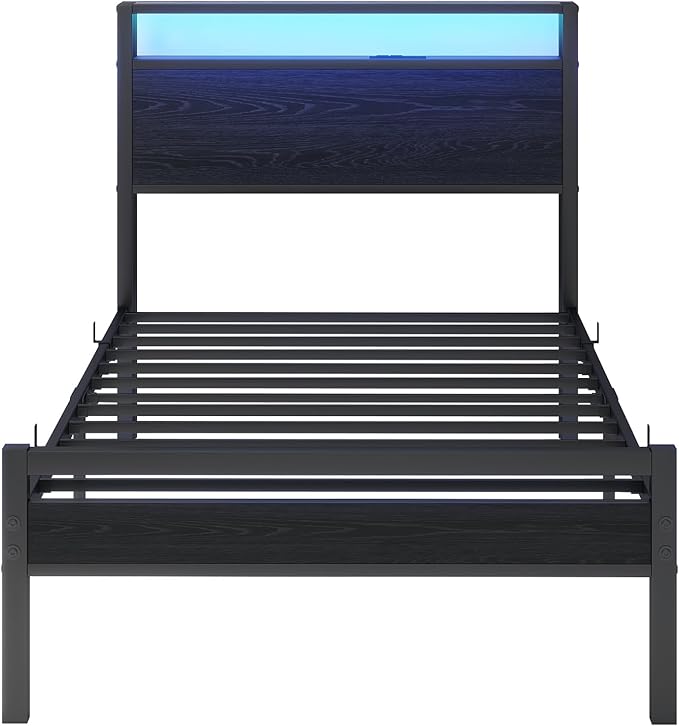 HOJINLINERO Twin Bed Frames with LED Light and Charging Station, Wood Storage Headboard with 2-Tier Shelves, Metal Platform Bed with Heavy Duty Slats Support, No Box Spring Needed, Black