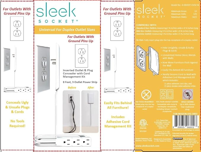 Sleek Socket Original & Patented Ultra-Thin Outlet Concealer with Cord Concealer Kit, Flat Extension Cord with Multi Outlets Power Strip, Ideal for Home Improvement, Hide Bulky and Messy Cords