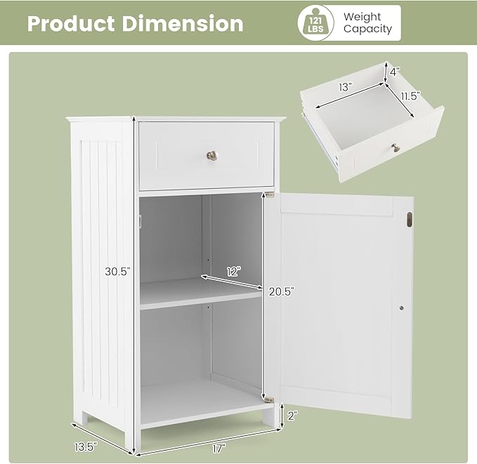 Tangkula Small Bathroom Cabinet for Small Spaces, Freestanding Single Door Bathroom Storage with Adjustable Shelf, Anti-Tipping Device, Smooth Drawer, Floor Cabinet for Living Room