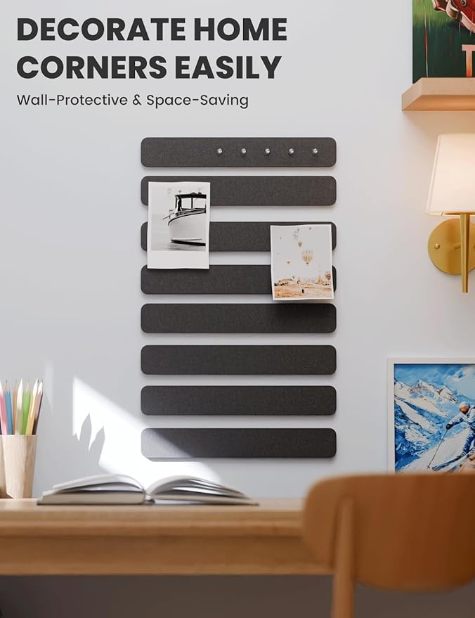 Cork Board Alternative Felt Strip Board 8-Pack 13"x2", Office Pin Board with 50 Push Pins, Adhesive Install for Bedroom Door & Home Office(Black)