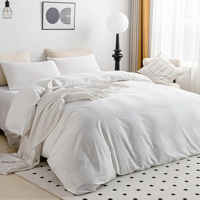 JELLYMONI White Duvet Cover Queen Size - 100% Washed Cotton Linen Like Textured Comforter Cover, 3 Pieces Breathable Soft Bedding Set with Zipper Closure (Bright White, Queen 90"x90")