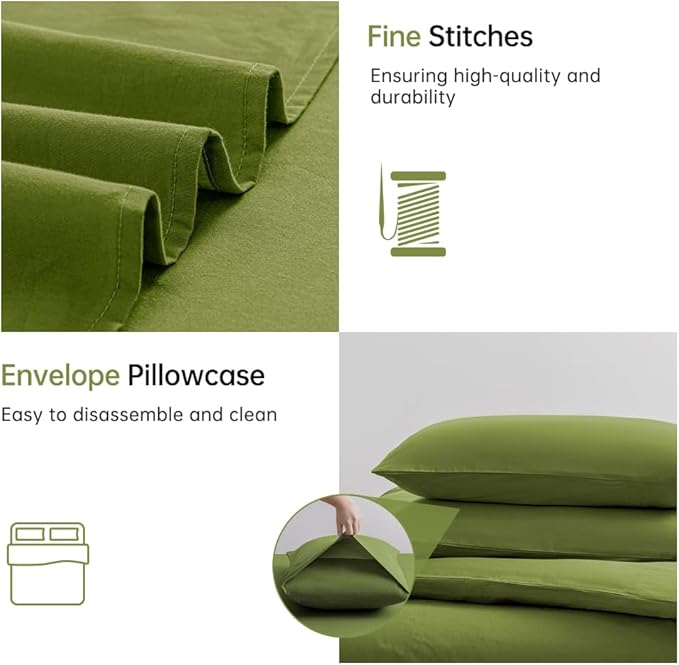 JELLYMONI Christams Duvet Cover Full Size - 100% Washed Cotton Linen Like Textured Comforter Cover, 3 Pieces Lightweight Soft Bedding Set with Zipper Closure (Avocado Green, Full 80"x90")