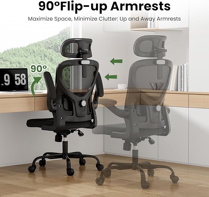 Soohow Office Chair, Ergonomic Office Mesh Desk Chair with Adjustable Back Support, High Back Comfy Computer Swivel Chair with Headrest, Lumbar Support for Study Room, Gaming and Office, Black Black