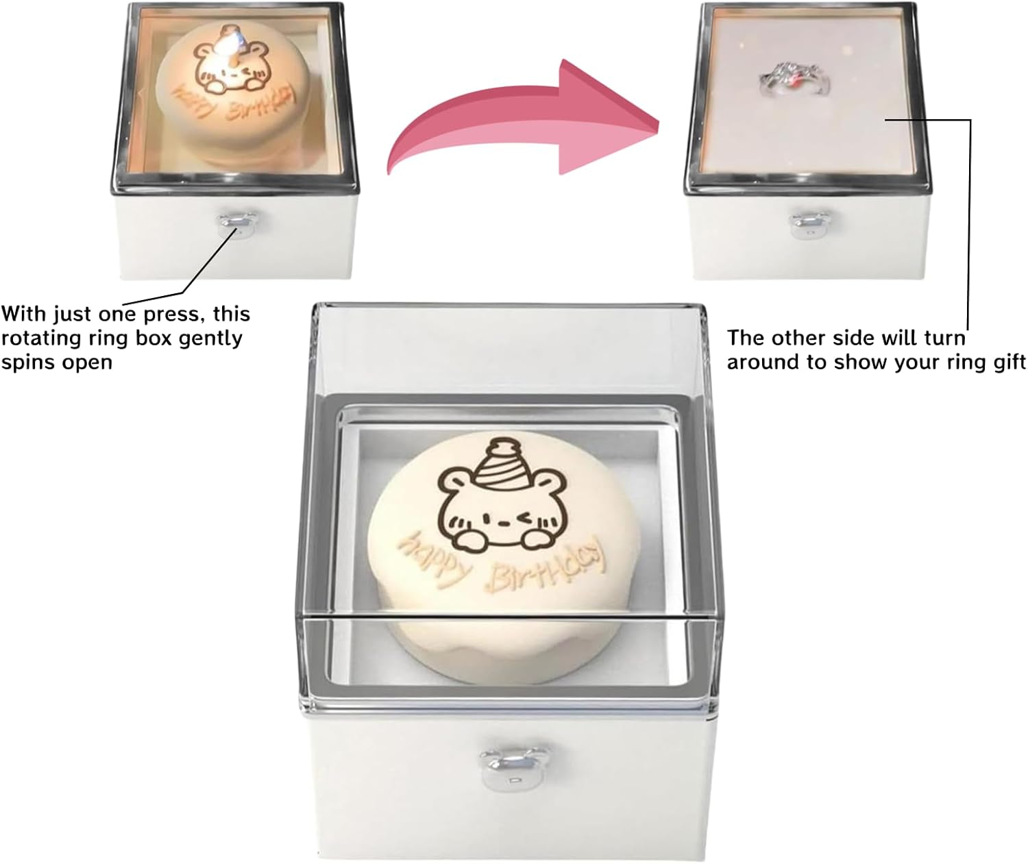 Rotating Reversible Ring Box, Ring Holder Box with Candles, Birthday Cake & Little Bear Design, Romantic Proposal Jewelry Holder for Valentines, Anniversaries, Weddings, Birthday Gift for Her (Love)