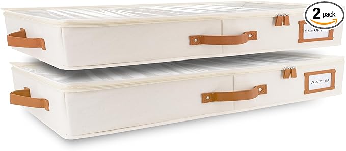 HOMELUX THEORY 2pc Low Profile Under Bed Storage Containers, Thin Under Couch Storage Organizer with Bins & Lids, Underbed Storage Box Ideal for Seasonal Clothes, Blankets, Fabric & Shoes (Ivory)