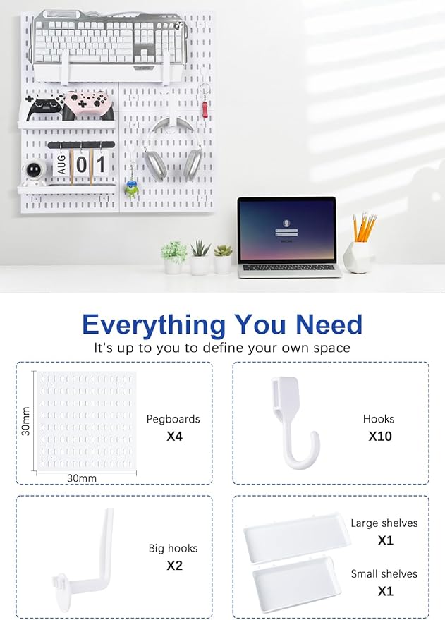 Pegboard Wall Organizer Kit – Heavy Duty 20lbs Load Bearing, Easy Installation, 4 Peg Board Panels 14 Accessories – Multi-Surface Use For Garage, Office, Kitchen & Crafts (White Pegboard,24″×24″)