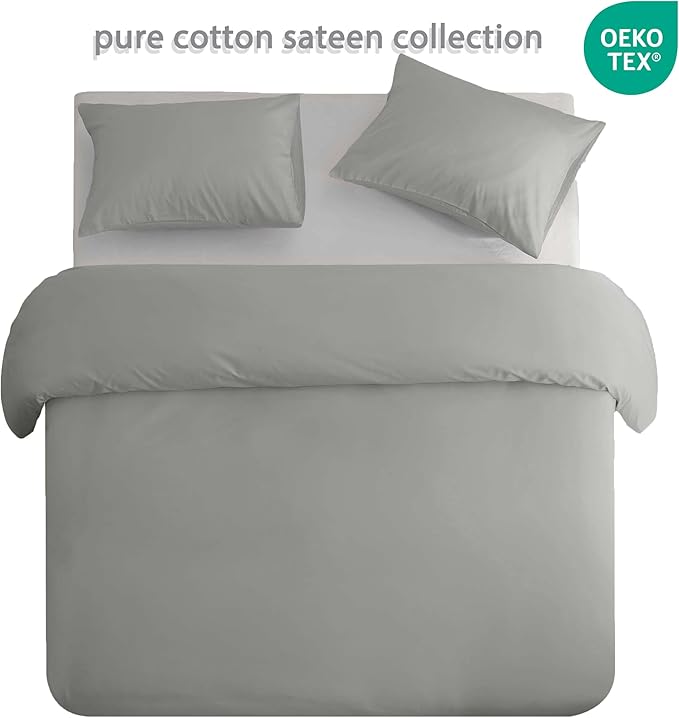HeimenAogo Egyptian Cotton Duvet Cover Queen Size Sateen Weave, Silky Soft and Breathable Bedding Set with Zipper Closure, Long Staple Cotton Bed Linen Moonlight Grey 3Pcs (90"×90")