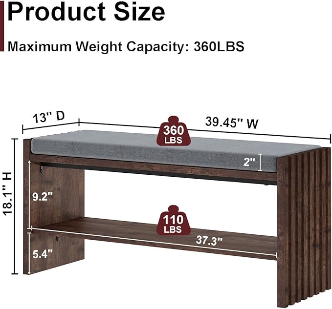 BON AUGURE Mudroom Entryway Bench with Shoe Storage, Shoe Rack Bench with Cushion, 2-Tier Wood Benches for Bedroom, Living Room, Hall (Rustic Oak, 40 in Wide)