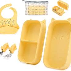 Portable Baby Plates with Suction, 6Pcs Travel Silicone Feeding Set for Toddlers, Foldable, Non-Slip Dishwasher Safe Plates & Utensils, BPA Free, Cat Design Gift Ready(Pale Yellow)