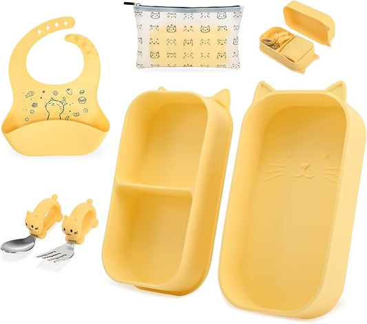 Portable Baby Plates with Suction, 6Pcs Travel Silicone Feeding Set for Toddlers, Foldable, Non-Slip Dishwasher Safe Plates & Utensils, BPA Free, Cat Design Gift Ready(Pale Yellow)