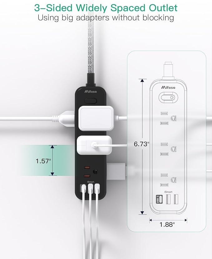 Mifaso Extension Cord, Surge Protector Power Strip, Long Extension Cord with 9 Outlets 3 USB Ports, Extension Cord with Multiple Outlets, USB Power Strip for Dorm Room Essentials, College(10FT, Black)