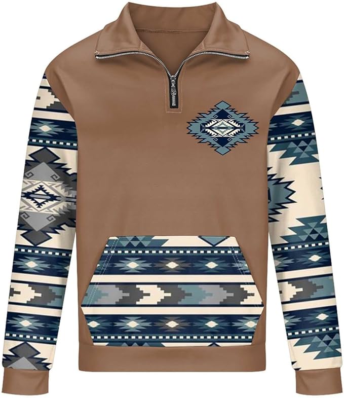 Western Sweatshirts for Men Aztec Cowboy Vintage Graphic Fleece Hoodie Mens Quarter Zip Pullover Country Jacket