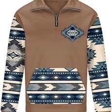 Western Sweatshirts for Men Aztec Cowboy Vintage Graphic Fleece Hoodie Mens Quarter Zip Pullover Country Jacket