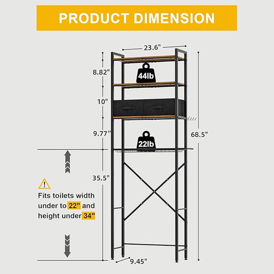 Over Toilet Bathroom Organizer with 2 Storage Cubes, 4-Tier Adjustable Metal Toilet Storage Shelves for Towels, Toilet Paper, Toiletries, Easy Assembly Freestanding Small Space Saver