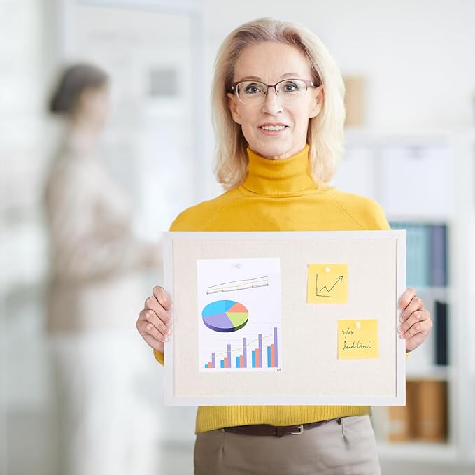 OWLKELA 11"x14.6" inch Bulletin Board with Linen, White Wood Style Frame, with 10 Pushpins, Linen Cork Board, Ideal for School, Home & Office