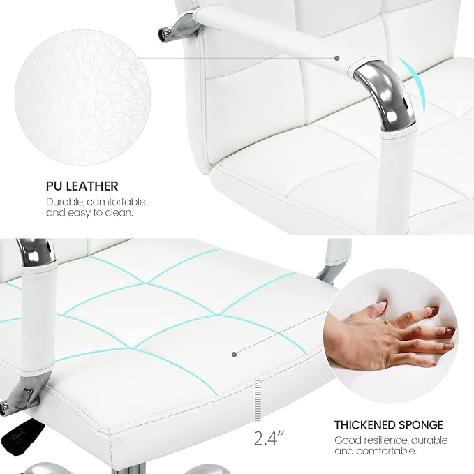 High Back Desk Chair, Modern PU Leather Home Office Task Chair with Arms, Adjustable Swivel Computer Executive Chair with Wheels (Pearl White)