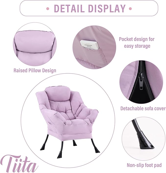 Tiita Lazy Chair with Ottoman, Modern Large Accent Lounge Armchair, Comfy Leisure Sofa Reading Chair with Footrest for Bedroom, Living Room, Dorm Rooms, Garden and Courtyard, Purple