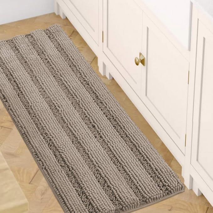H.VERSAILTEX Bath Rugs for Bathroom Non Slip Bath Mats Extra Thick Chenille Striped Bath Rug Runners 47" x 17" Absorbent Fluffy Soft Shaggy Mats Dry Fast Plush Area Carpet for Bath Room - Taupe