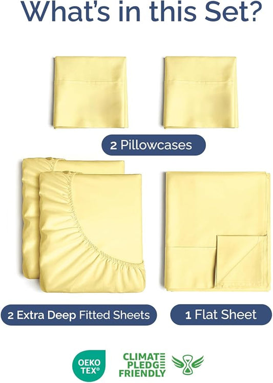 Extra Deep Pocket Split King Sheets - 5 Piece Breathable & Cooling Bed Sheets - Hotel Luxury Bed Sheet Set - Soft, Wrinkle Free & Comfy - Easily Fits Extra Deep Mattresses - Deep Pocket Yellow Sheets