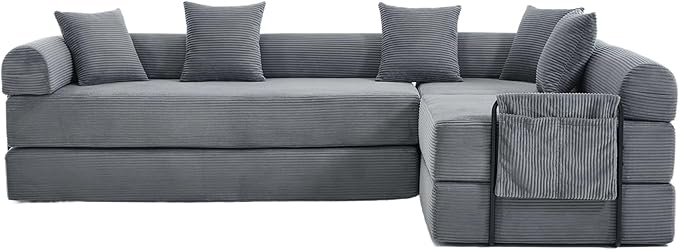 106" Oversized Convertible Sleeper Sofa Bed, Corduroy L Shape Sectional Couch, Folding Sofa Bed with Side Pocket, Modern Cloud Floor Mattress Couch, Modular Sofa for Living Room, Gray