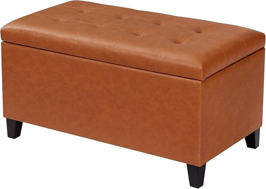 Joveco Storage Ottoman Bench, 33 Inches Faux Leather Rectangle Tufted Foot Stool for End Foot of Bed, Bedroom, Living Room,Vibrant Orange