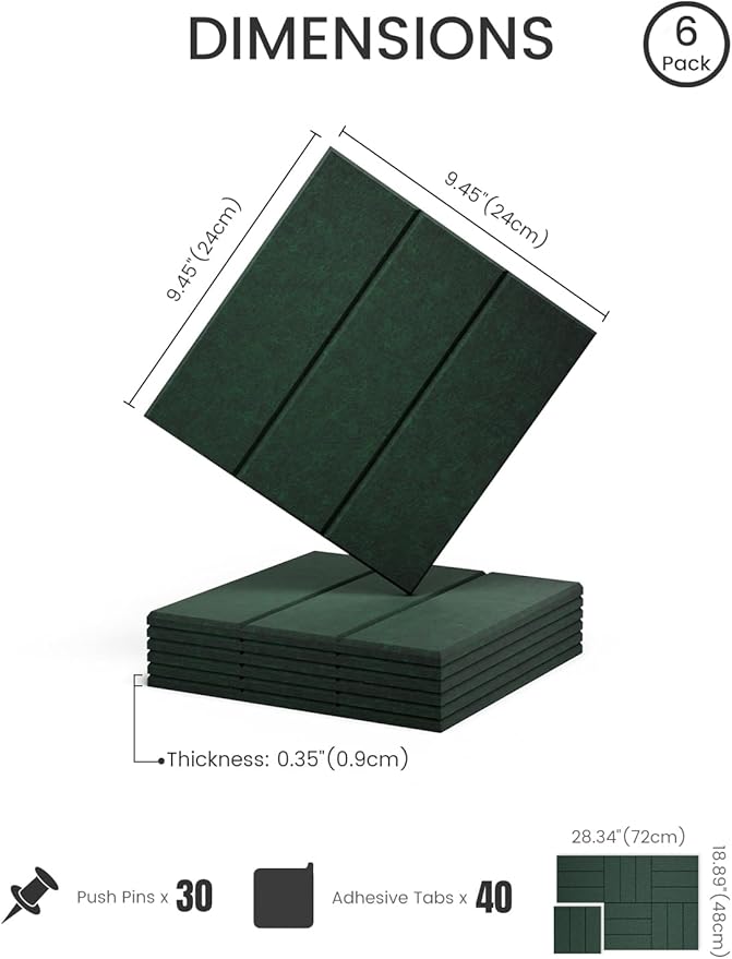 Felt Bulletin Board Tiles -28"x18" with 40 Adhesive Tabs, Cork Board Alternative for Office Decor, Push Pin Board Wall Organizer 6-Pack (Pine Green)
