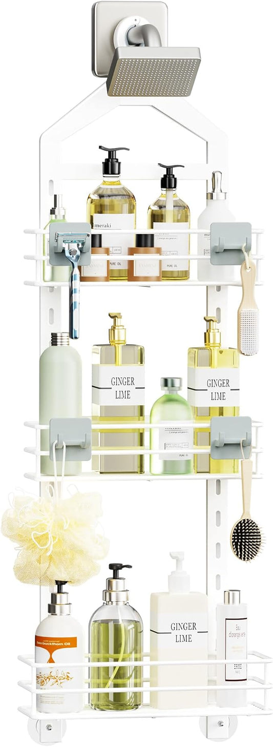 Orimade Adjustable Anti-slip Shower Caddy over Head, Rustproof Bathroom Hanging Shower Organizer with 2 Hooks for Razor, No Drilling Shower Shelves Storage Rack 3 Tier, White