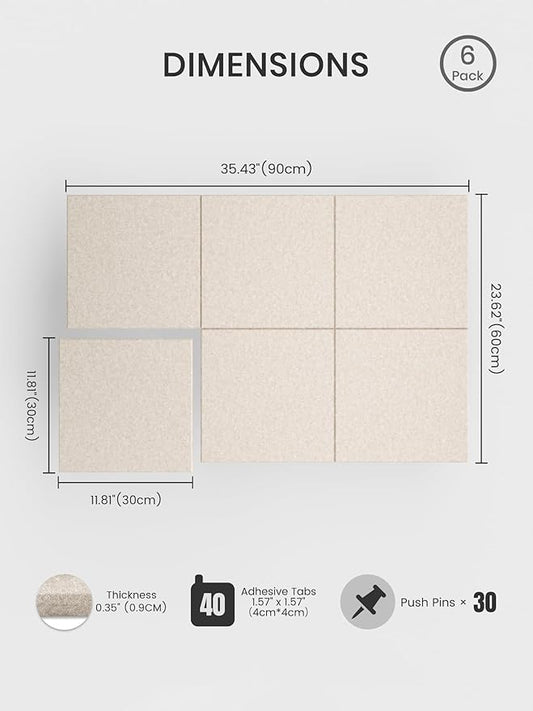 Bumusty Large Cork Board 36"x24" Alternative - 6 Pack Felt Wall Tiles with 40 Safe Removable Adhesive Tabs, 30 Pushpins, Cork Boards for Walls Pin Board Bulletin Board Office Decor (Oatmeal)