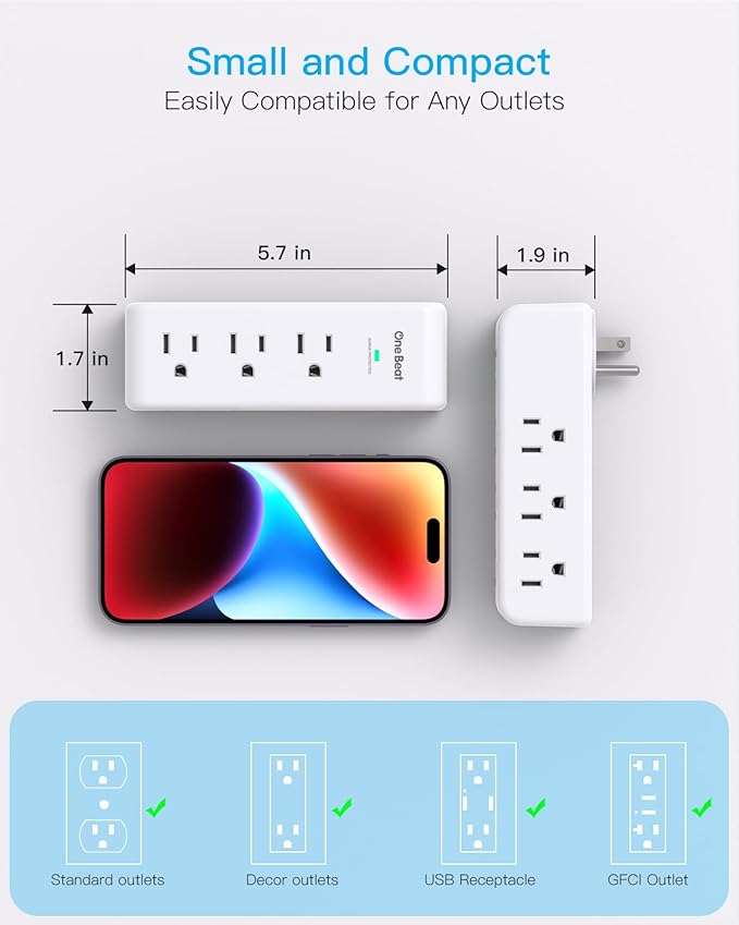 Surge Protector Outlet Extender with Rotating Plug, 9 AC Multi Plug Wall Outlet Expander, 1800J Wall Charger, 3-Sided Power Strip Electrical Plug Adapter Outlet Splitter for Home Office College Dorm