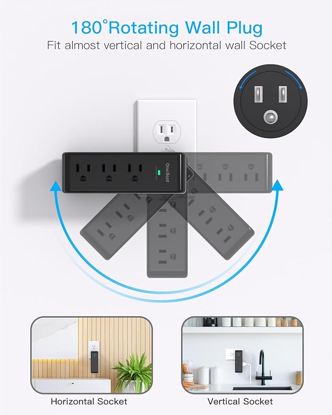 Surge Protector Outlet Extender with Rotating Plug, 9 AC Multi Plug Wall Outlet Expander, 1800J Wall Charger, 3-Sided Power Strip Electrical Plug Adapter Outlet Splitter for Home Office Dorm - Black