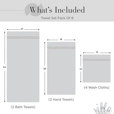100% Combed Cotton Bathroom Towel Set of 8- 2 Bath Towels, 2 Hand Towels, 4 Wash Cloths, Sustainable, Soft, Highly Absorbent 8 Piece Cotton Bath Towel Set Ideal for Hotels, Spa, Bathroom, Dorm, White