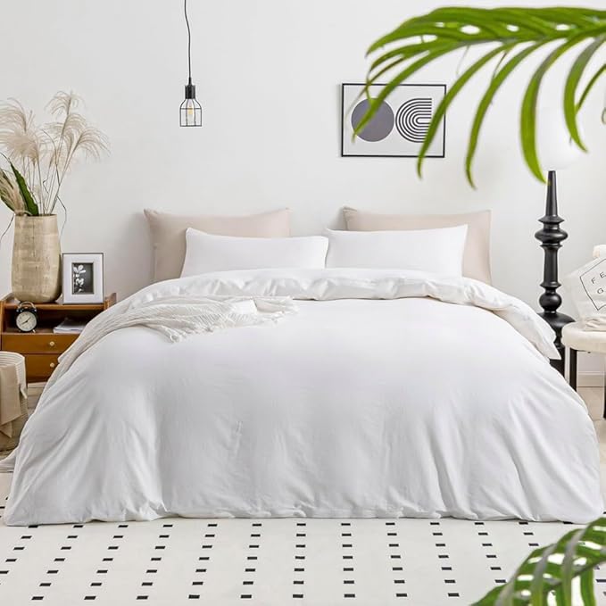 JELLYMONI Cotton White Duvet Cover Twin Size - 100% Washed Cotton Linen Like Textured Comforter Cover, 2 Pieces Breathable Soft Bedding Set with Zipper Closure (Bright White, Twin 68"x90")
