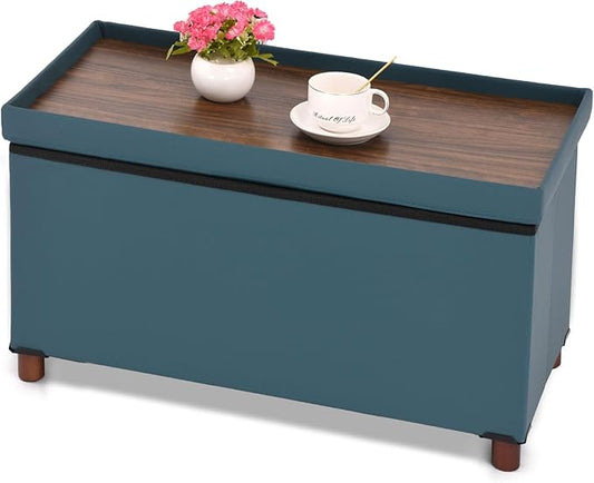 Ottoman Storage Bench for Living Room Storage Ottoman with Tray Bedroom Foot Stool Storage Ottomans Coffee Table Lid Storage Footstool with Legs end of Bed Faxu Leather 30" Inch (D-Blue)