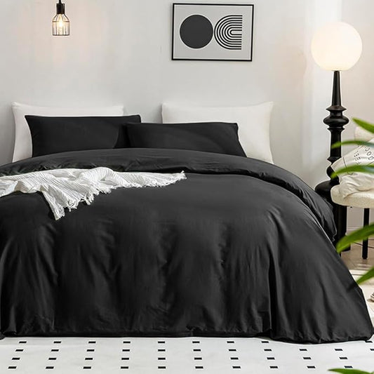 JELLYMONI Black Duvet Cover Queen Size - 100% Washed Cotton Linen Like Textured Comforter Cover, 3 Pieces Breathable Soft Bedding Set with Zipper Closure (Black, Queen 90"x90")
