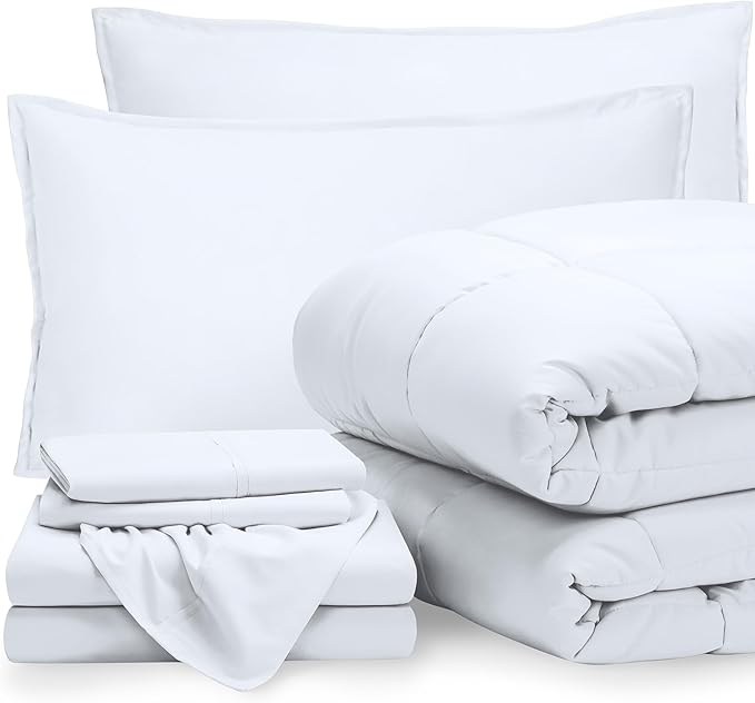Bare Home Bed-in-A-Bag 7 Piece Comforter & Sheet Set - King - Goose Down Alternative - Ultra-Soft 1800 Premium - Bed Set (King, White/White)