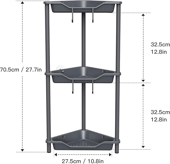 Orimade Rustproof 3 Tier Floor Standing Corner Shower Caddy Organizer, Plastic Metal Splicing Floor Corner Shelf Rack Stands for Bathroom, Grey