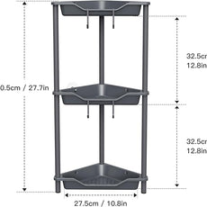 Orimade Rustproof 3 Tier Floor Standing Corner Shower Caddy Organizer, Plastic Metal Splicing Floor Corner Shelf Rack Stands for Bathroom, Grey