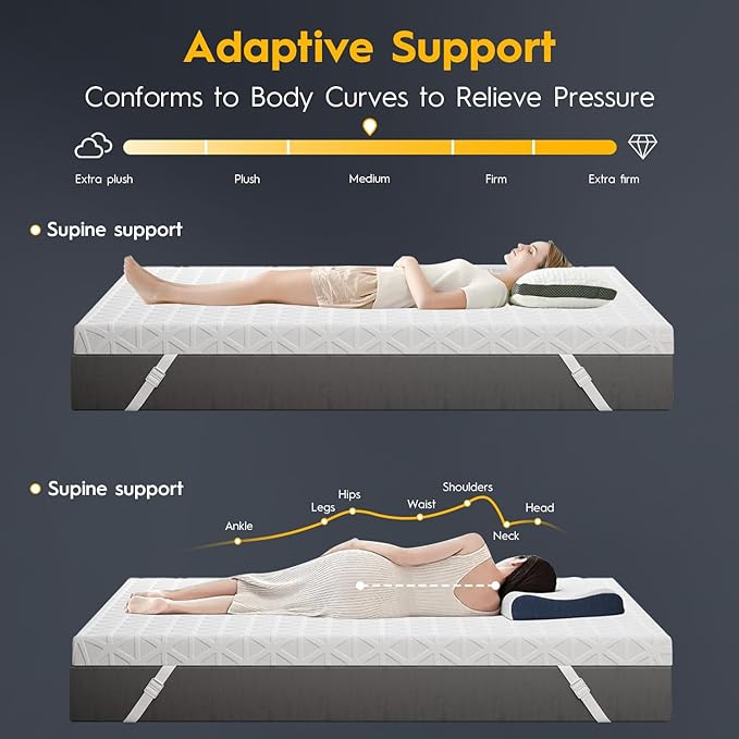 ELEMUSE 2 Inch Gel Memory Foam Mattress Topper Twin- Cooling Ice Silk Removable & Washable Cover, Mattress Topepr for Back Pain Relief, Adjustable Strap & Non-Slip, CertiPUR-US Certified
