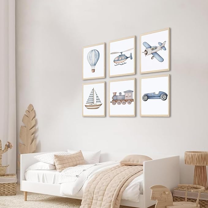 Nursery Car Wall Art Set of 6, Baby Boys Poster Canvas Prints, Blue Kids Car Train Plane Boat Hot Air Balloon Wall Decor Toddler Vehicle Painting Watercolor Artwork Picture 12x16 inch Unframed
