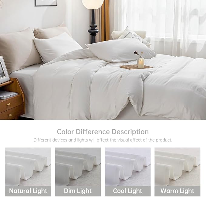 JELLYMONI White Duvet Cover Queen Size - 100% Washed Cotton Linen Like Textured Comforter Cover, 3 Pieces Breathable Soft Bedding Set with Zipper Closure (Bright White, Queen 90"x90")