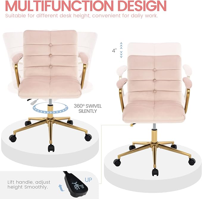 Velvet Home Office Desk Chair, Upholstered Adjustable Swivel Task Chair with Wheels, Tufted Mid-Back Computer Chair with Arms, for Study Living Room Vanity (Pink, Gold Base)
