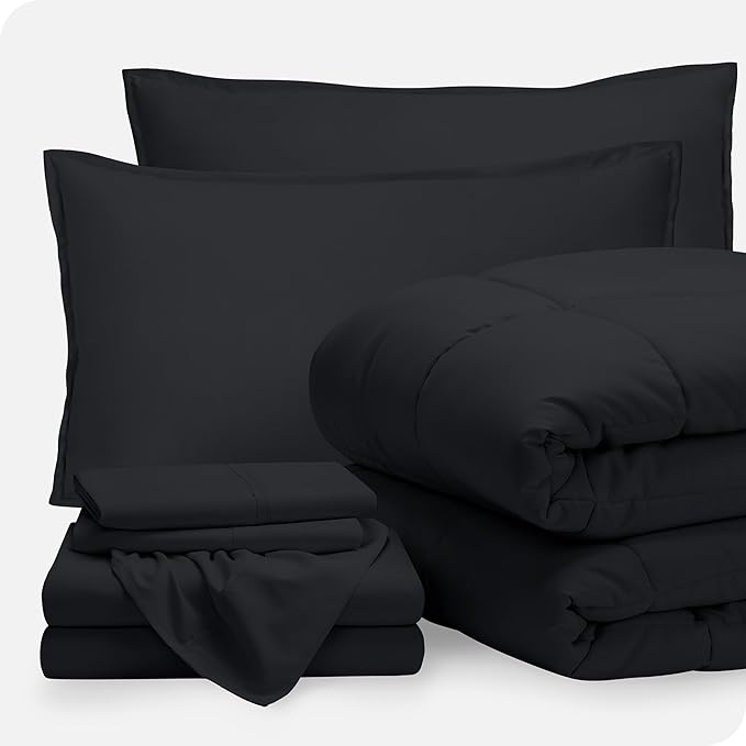 Bare Home Bed-in-A-Bag 7 Piece Comforter & Sheet Set - Full - Goose Down Alternative - Ultra-Soft 1800 Premium - Bedding Set (Full, Black/Black)