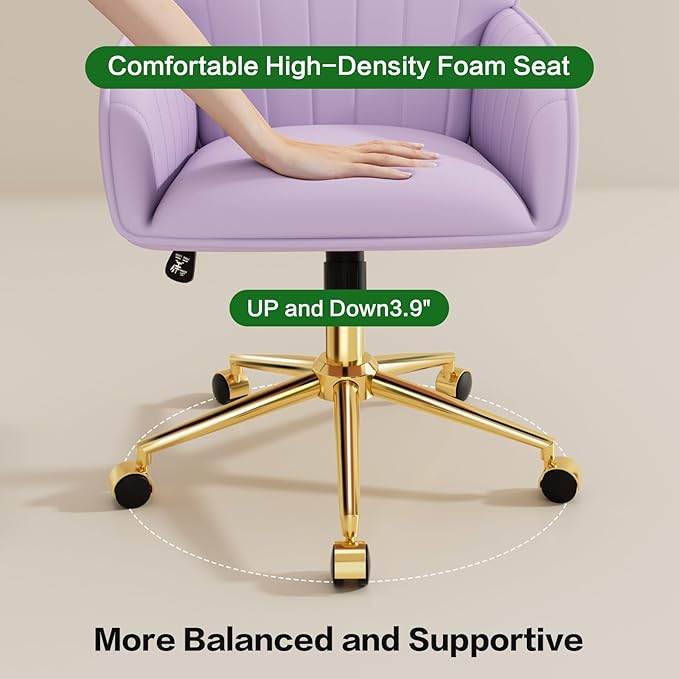 Home Office Desk Chair Comfy with Adjustable Swivel Wheels, Modern Velvet Makeup Vanity Chair with Back & Pillow, Ergonomic Office Chair Computer Task Chair for Living Room, Bedroom, Purple