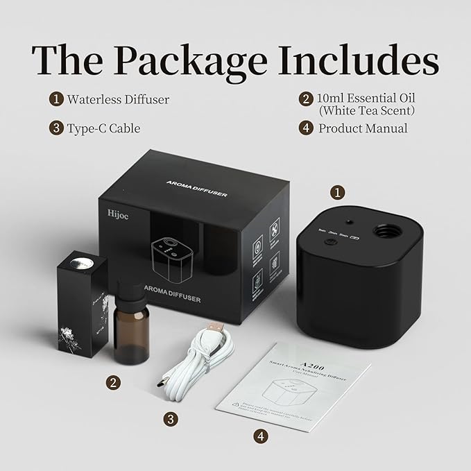 Scent Diffuser Waterless Essential Oil Diffusers with 3 Mist Modes,Cycle Start,Cordless Aroma Air Machine for 200 sq.ft Home/Office/Bedroom,Ultra Quiet,Includes 10ml Oil,Black