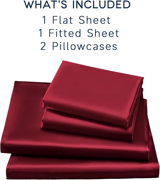 Satin Sheets Queen Size - 4 Pieces Luxury Silky Soft Bed Sheets, Wrinkle-Free Burgundy Satin Silk Sheet Set with 1 Deep Pocket Fitted Sheet, 1 Flat Sheet, 2 Pillow Cases