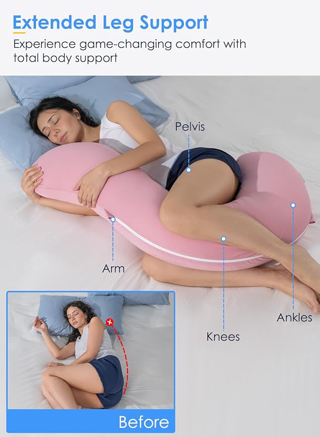 QUEEN ROSE Cooling Body Pillow, Full Body Support Pillow for Side Sleepers, Soft S Shaped Hug Pillow for Adults, Pink
