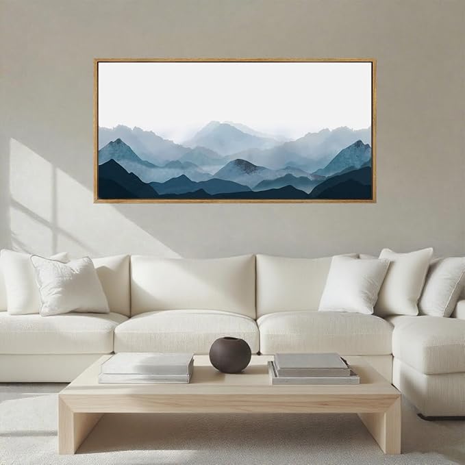 Blue Framed Mountain Landscape Wall Art Fog Mountain Painting Wall Decor for Bedroom Living Room Office Decor 20x40 Inch
